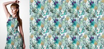 09005v Materiał ze wzorem malowane ananasy, tropikalne liście i kwiaty (storczyk) w stylu akwareli